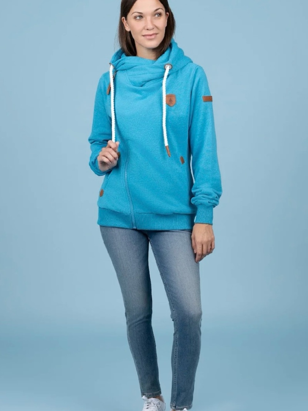 Wanakome Athena Colbalt Blue Asymmetrical Full Zip Cowl Neck Longline Hoodie